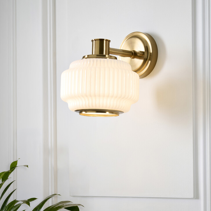 Evora Brushed Aged Brass Wall Light Complete With Opal Gloss Ribbed Shade