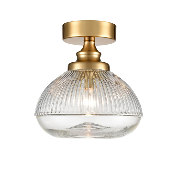 Franklite Acoste Aged Brass Flush Ceiling Light Complete With Clear Ribbed Glass