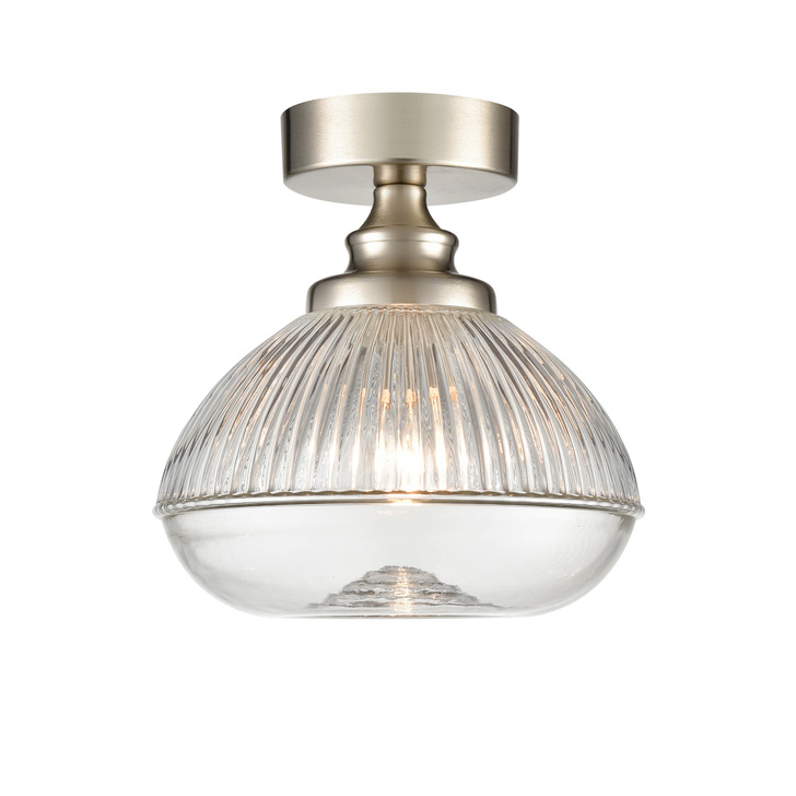 Franklite Acoste Satin Nickel Flush Ceiling Light Complete With Clear Ribbed Glass