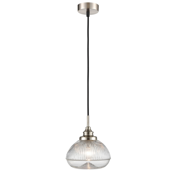 Franklite Acoste Satin Nickel Pendant Ceiling Light Complete With Clear Ribbed Glass