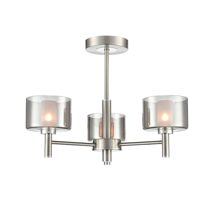 Franklite Argento Satin Nickel/Chrome 3 Light Semi-Flush Ceiling Light Complete With Smoked Glasses With Frosted Inners
