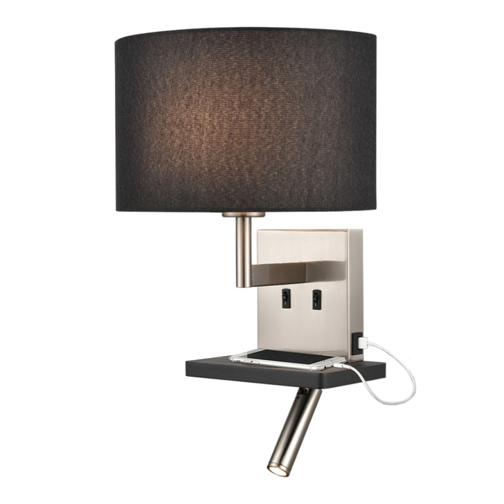 Franklite Austen Satin Nickel/Black Wall Light With Reading Light, Charging Pad, USB Port And Curved Black Shade