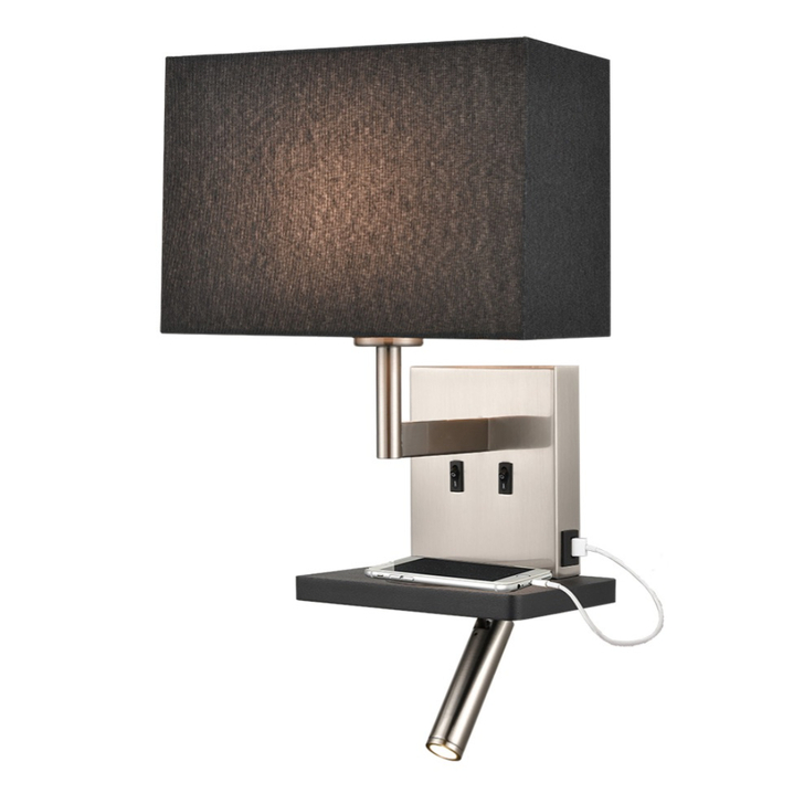 Franklite Austen Satin Nickel/Black Wall Light With Reading Light, Charging Pad, USB Port And Rectangular Black Shade