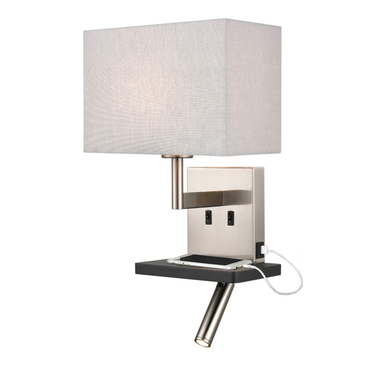 Franklite Austen Satin Nickel/Black Wall Light With Reading Light, Charging Pad, USB Port And Rectangular Grey Shade