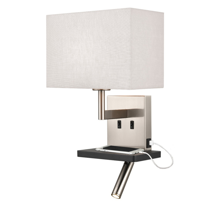 Franklite Austen Satin Nickel/Black Wall Light With Reading Light, Charging Pad, USB Port And Rectangular Off White Shade