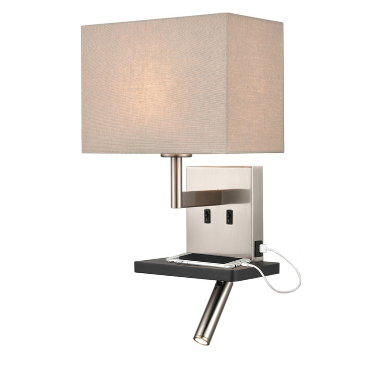 Franklite Austen Satin Nickel/Black Wall Light With Reading Light, Charging Pad, USB Port And Rectangular Taupe Shade