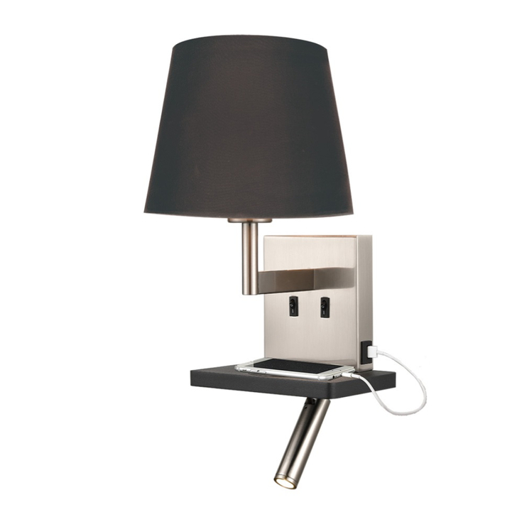 Franklite Austen Satin Nickel/Black Wall Light With Reading Light, Charging Pad, USB Port And Round Black Shade