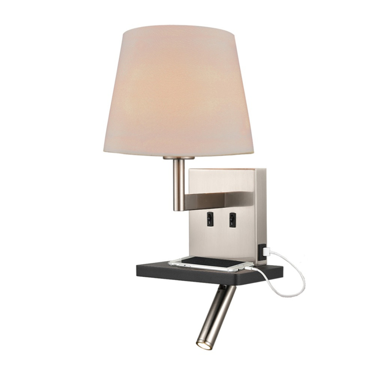 Franklite Austen Satin Nickel/Black Wall Light With Reading Light, Charging Pad, USB Port And Round Taupe Shade