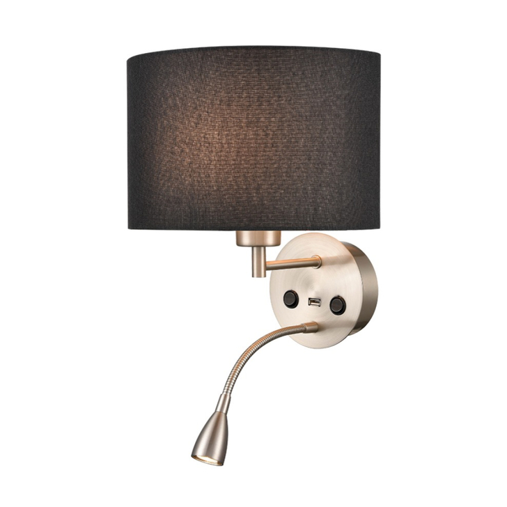 Franklite Austen Satin Nickel Wall Light With Flex Arm Reading Light, USB Port And Curved Black Shade