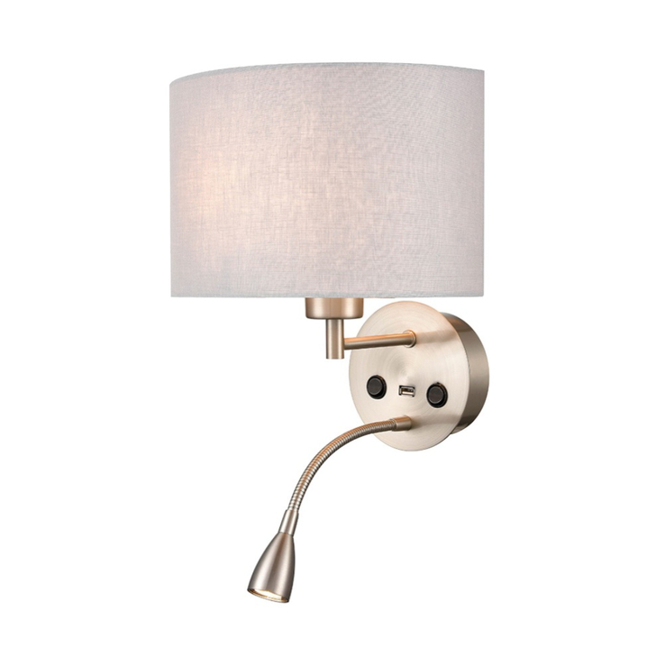 Franklite Austen Satin Nickel Wall Light With Flex Arm Reading Light, USB Port And Curved Grey Shade