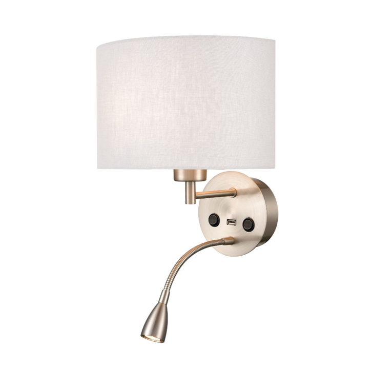 Franklite Austen Satin Nickel Wall Light With Flex Arm Reading Light, USB Port And Curved Off White Shade