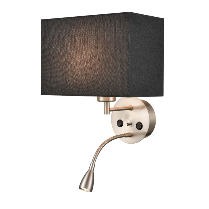 Franklite Austen Satin Nickel Wall Light With Flex Arm Reading Light, USB Port And Rectangular Black Shade