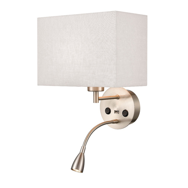 Franklite Austen Satin Nickel Wall Light With Flex Arm Reading Light, USB Port And Rectangular Off White Shade