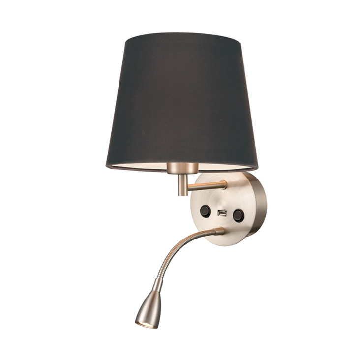 Franklite Austen Satin Nickel Wall Light With Flex Arm Reading Light, USB Port And Round Black Shade