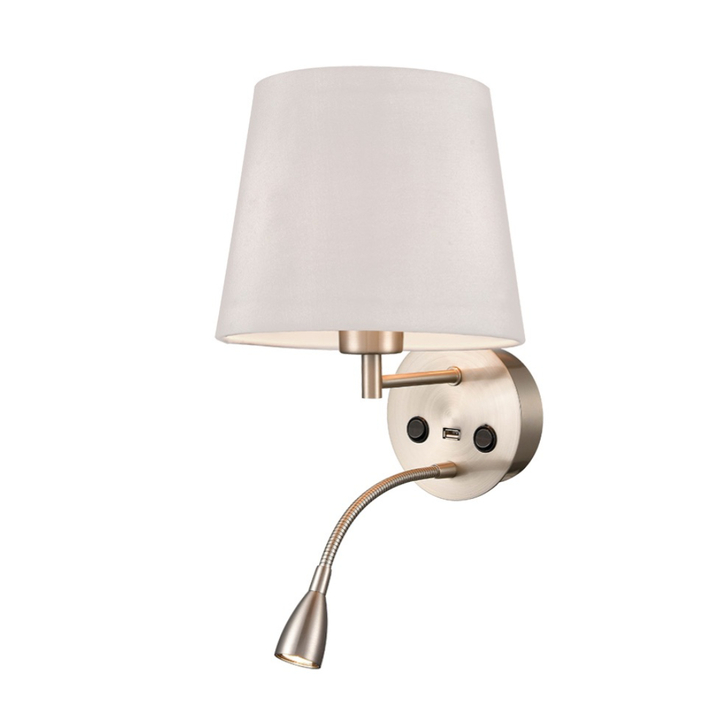 Franklite Austen Satin Nickel Wall Light With Flex Arm Reading Light, USB Port And Round Grey Shade