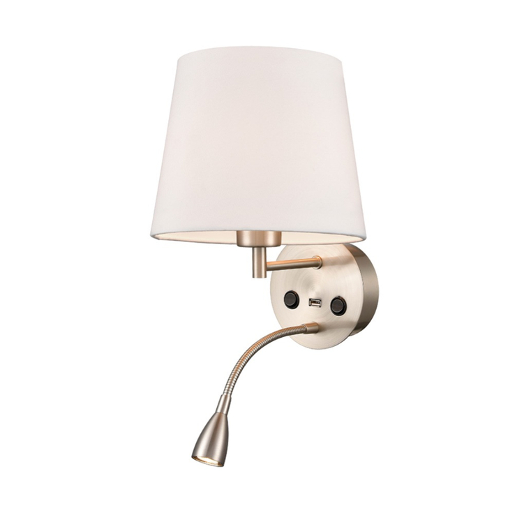 Franklite Austen Satin Nickel Wall Light With Flex Arm Reading Light, USB Port And Round Off White Shade
