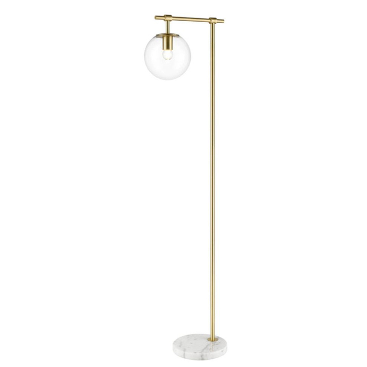 Franklite Avenue Matt Brass Floor Lamp Complete With White Marble Base and Clear Glass Globe - Switched