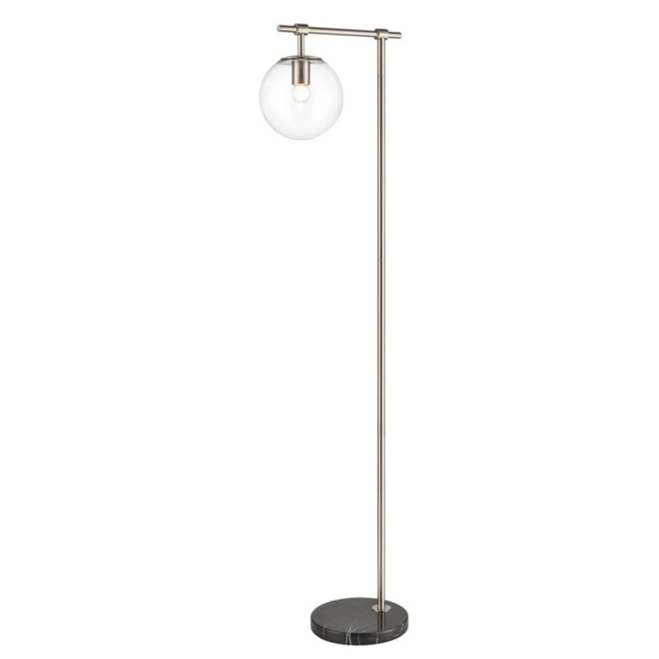 Franklite Avenue Satin Nickel Floor Lamp Complete With Black Marble Base and Clear Glass Globe - Switched