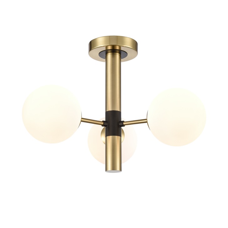 Franklite Axle 3 Light Semi-Flush Ceiling Light In Black & Brass With Opal Glass Globes