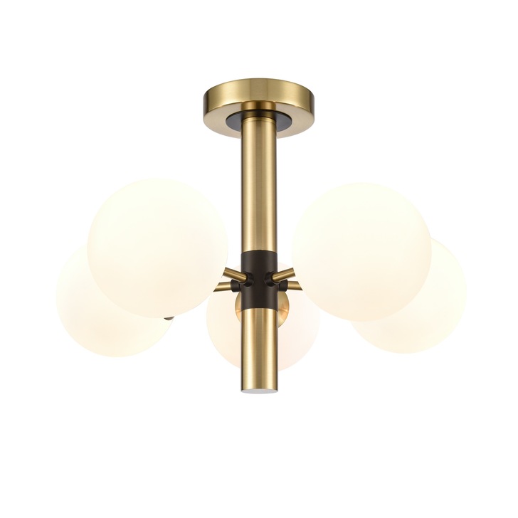 Franklite Axle 5 Light Semi-Flush Ceiling Light In Black & Brass With Opal Glass Globes