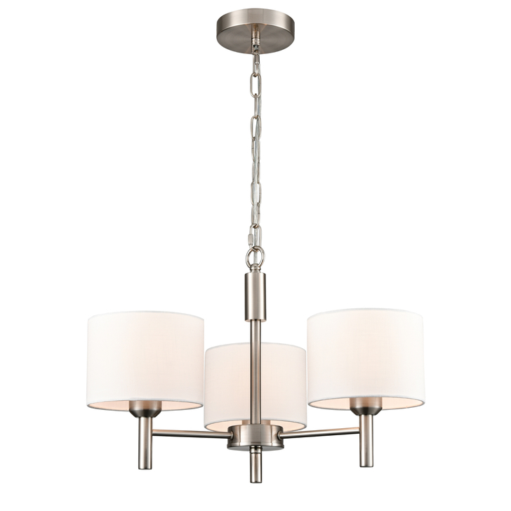 Franklite Barolo Contemporary Satin Nickel 3 Light Pendant Light Complete With White Textured Fabric Shades