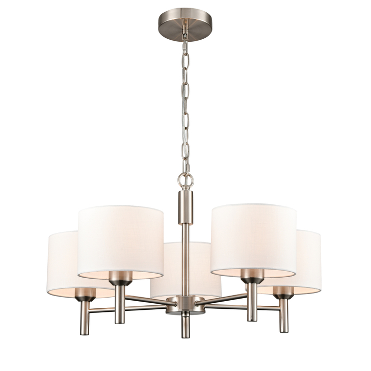 Franklite Barolo Contemporary Satin Nickel 5 Light Pendant Light Complete With White Textured Fabric Shades