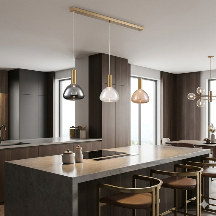 Franklite Beau Brushed Brass 3 Light Bar Island Pendant Complete With Amber, Clear And Smoke Bowl Glasses - Bespoke - Assemble On Site