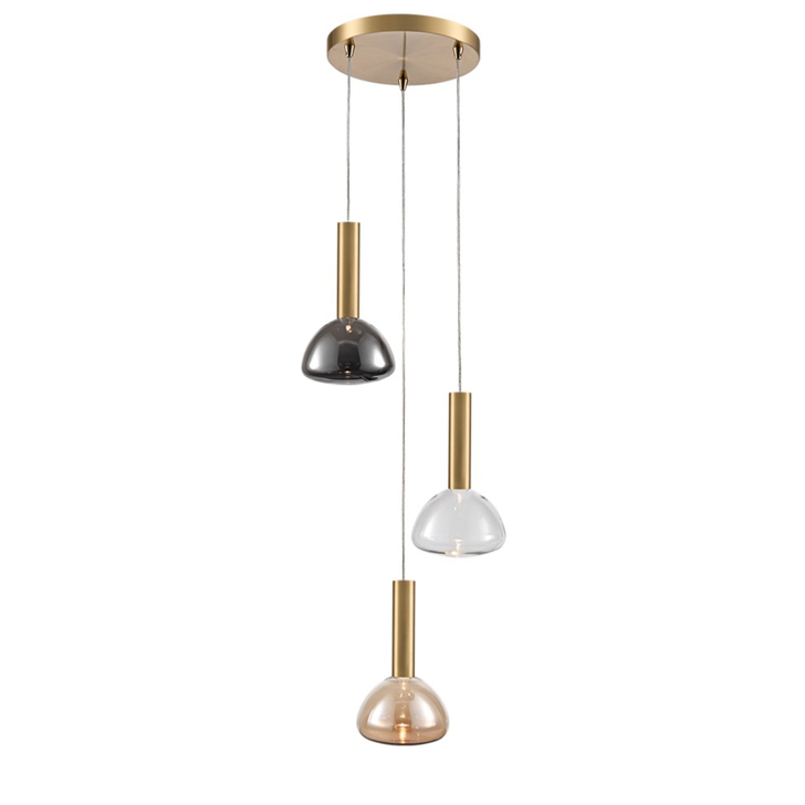 Franklite Beau Brushed Brass 3 Light Cluster Pendant Complete With Amber, Clear And Smoked Bowl Glasses - Bespoke - Assemble On Site
