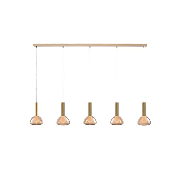 Franklite Beau Brushed Brass 5 Light Bar Island Pendant Complete With Amber Bowl Glasses/Frosted Inners - Bespoke - Assemble On Site