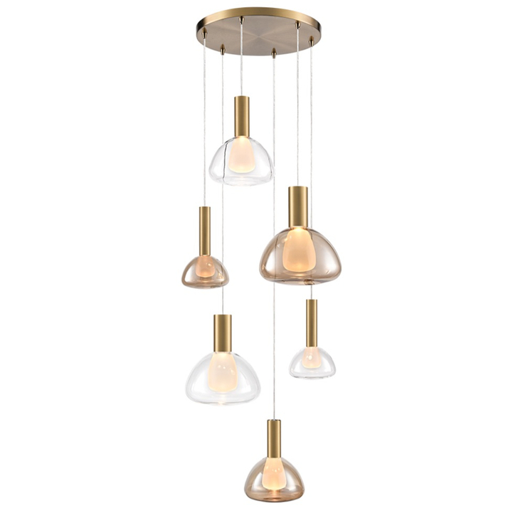 Franklite Beau Brushed Brass 6 Light Cluster Pendant Complete With Amber And Clear Bowl Glasses/Frosted Inners - Bespoke - Assemble On Site
