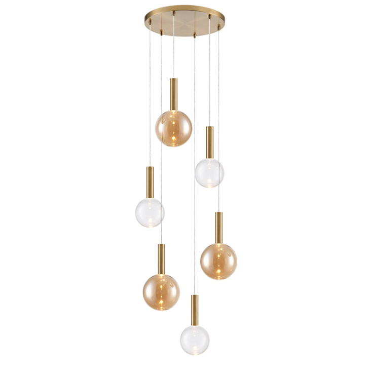 Franklite Beau Brushed Brass 6 Light Cluster Pendant Complete With Amber And Clear Round Glasses - Bespoke - Assemble On Site