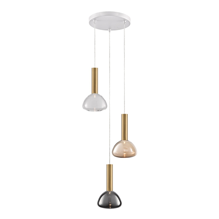 Franklite Beau Matt White 3 Light Cluster Pendant With Brushed Brass Cylinders Complete With Clear, Smoked And Amber Bowl Glasses/Frosted Inners - Bespoke - Assemble On Site