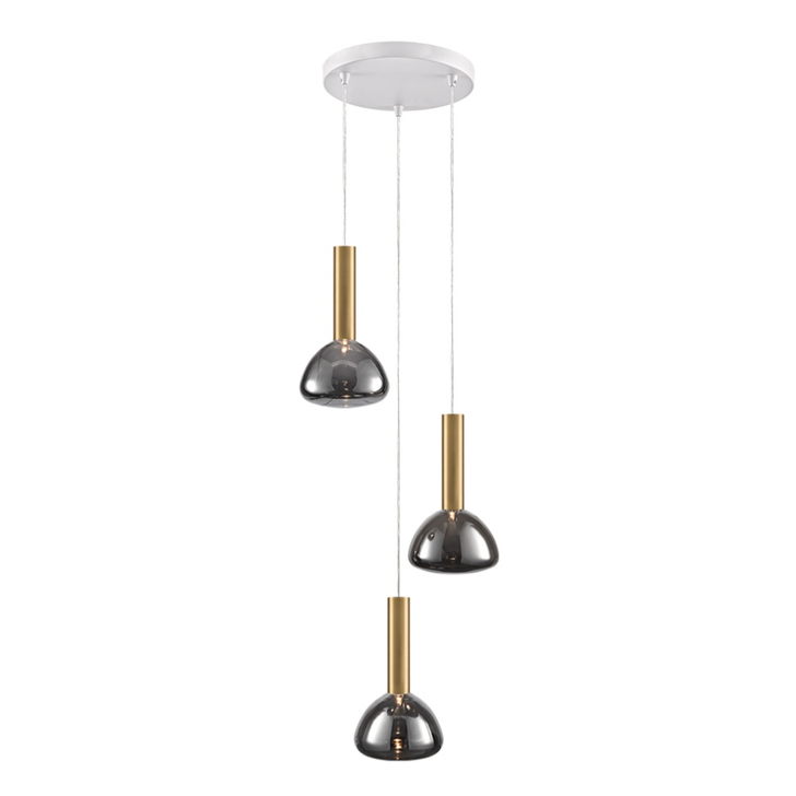 Franklite Beau Matt White 3 Light Cluster Pendant With Brushed Brass Cylinders Complete With Smoked Glasses/Frosted Inners - Bespoke - Assemble On Site