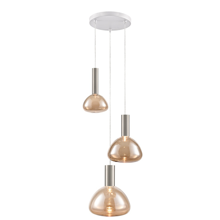 Franklite Beau Matt White 3 Light Cluster Pendant With Satin Nickel Cylinders Complete With Amber Glasses - Bespoke - Assemble On Site