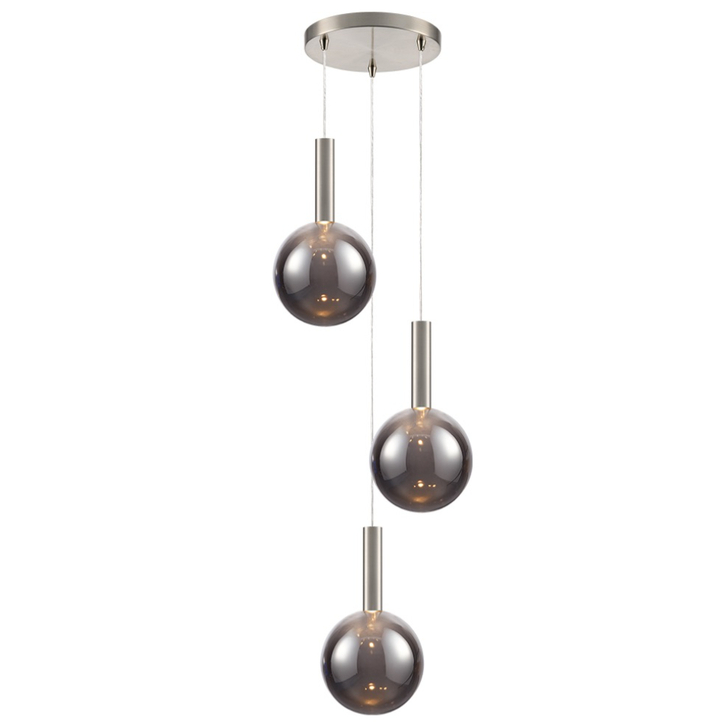 Franklite Beau Matt White 3 Light Cluster Pendant With Satin Nickel Cylinders Complete With Smoked Glasses - Bespoke - Assemble On Site