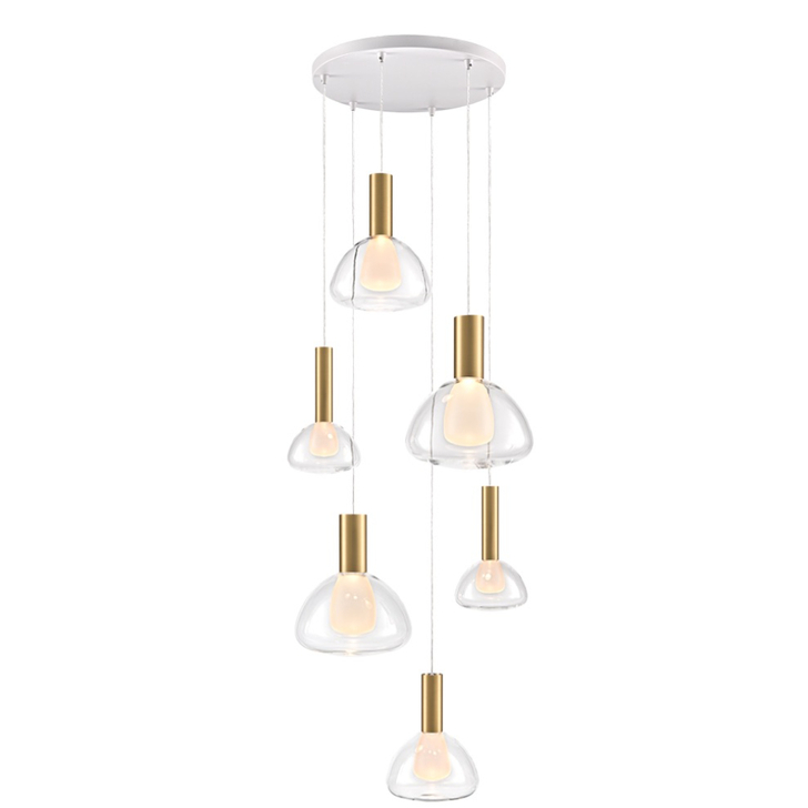 Franklite Beau Matt White 6 Light Cluster Pendant With Brushed Brass Cylinders Complete With Clear Bowl Glasses/Frosted Inners - Bespoke - Assemble On Site