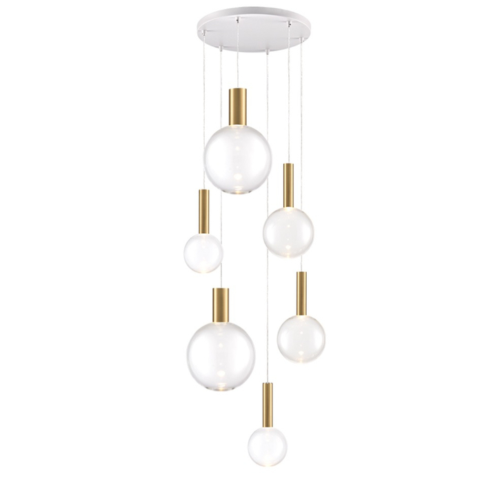 Franklite Beau Matt White 6 Light Cluster Pendant With Brushed Brass Cylinders Complete With Clear Round Glasses - Bespoke - Assemble On Site