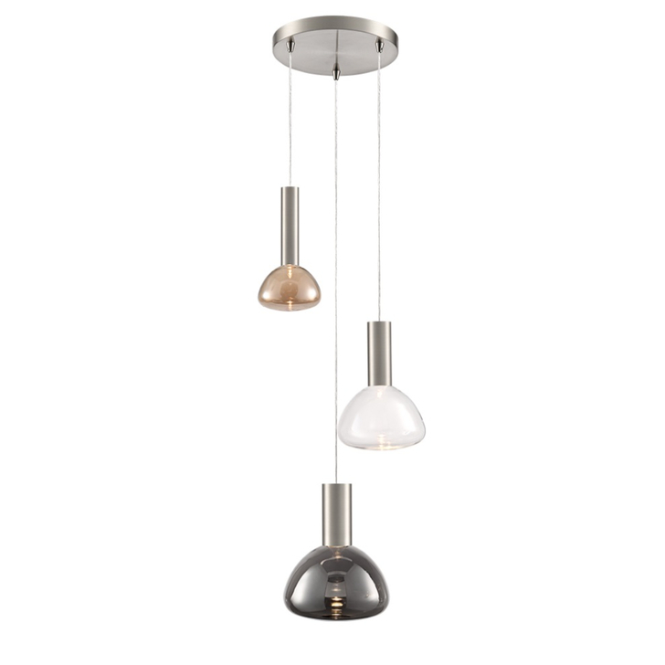 Franklite Beau Satin Nickel 3 Light Cluster Pendant Complete With Amber, Clear And Smoked Bowl Glasses - Bespoke - Assemble On Site