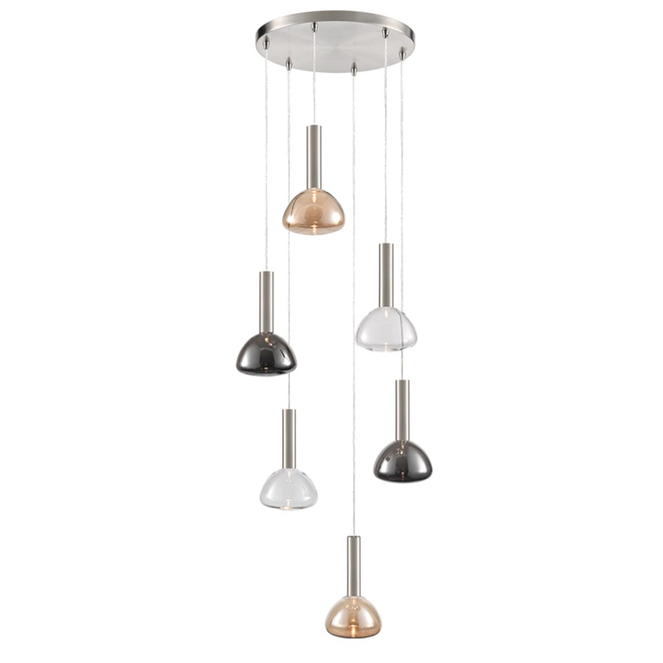 Franklite Beau Satin Nickel 6 Light Cluster Pendant Complete With Amber, Clear And Smoked Bowl Glasses - Bespoke - Assemble On Site