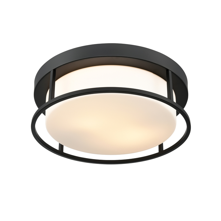 Franklite Blaine 2 Light Black Flush Ceiling Light Complete With Opal Glass