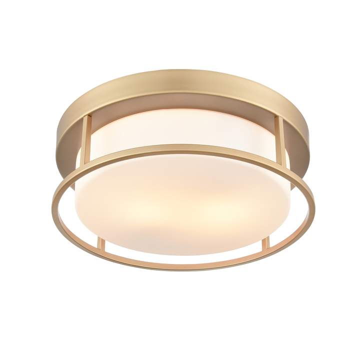 Franklite Blaine 2 Light Gold Painted Flush Ceiling Light Complete With Opal Glass