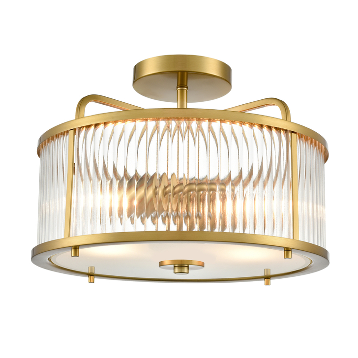 Franklite Bonham Aged Brass Semi-Flush 2 Light Ceiling Light Complete With Ribbed Glass Decoration And Frosted Base