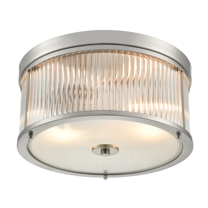 Franklite Bonham Satin Nickel Flush 2 Light Ceiling Light Complete With Ribbed Glass Decoration And Frosted Base