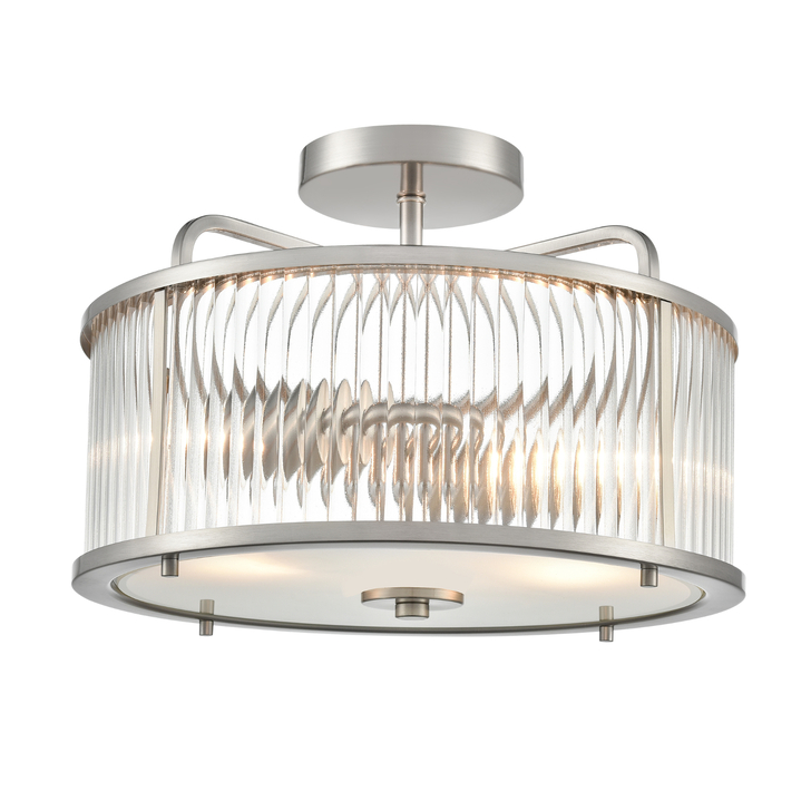 Franklite Bonham Satin Nickel Semi-Flush 2 Light Ceiling Light Complete With Ribbed Glass Decoration And Frosted Base