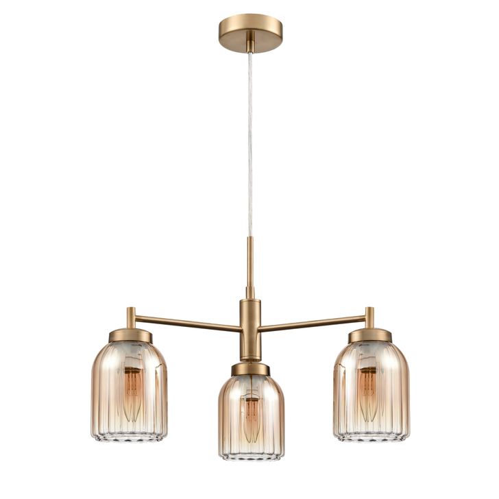 Franklite Caligo Aged Brass 3 Light Ceiling Light Complete With Amber Ombre Effect Ribbed Glass