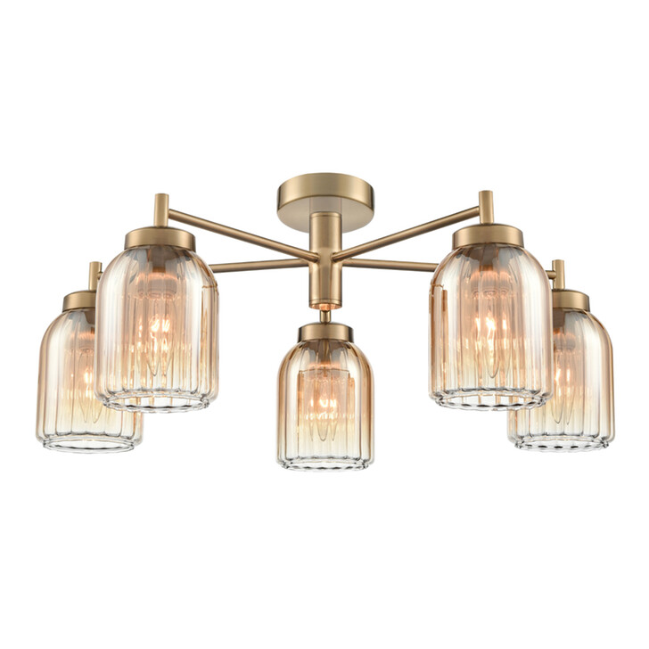 Franklite Caligo Aged Brass 5 Light Ceiling Light Complete With Amber Ombre Effect Ribbed Glass