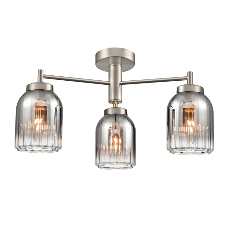 Franklite Caligo Satin Nickel 3 Light Ceiling Light Complete With Smoked Ombre Effect Ribbed Glass