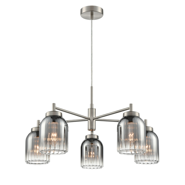 Franklite Caligo Satin Nickel 5 Light Ceiling Light Complete With Smoked Ombre Effect Ribbed Glass
