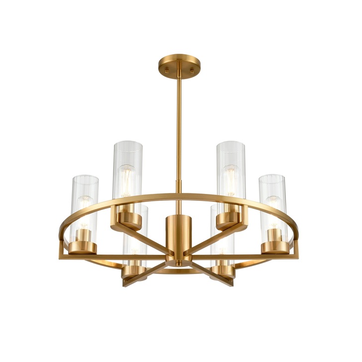 Franklite Camelot 6 Light Pendant In Aged Brass With Clear Cylindrical Glass Shades