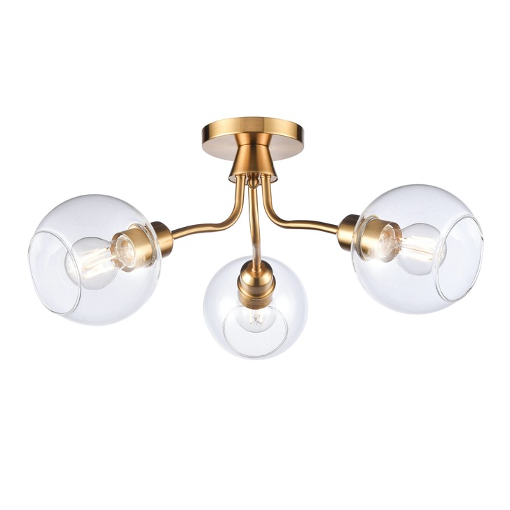 Franklite Chalice 3 Light Flush Ceiling Light In Aged Brass With Clear Glass Globes